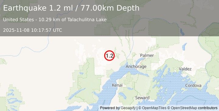 Earthquake 47 km SSW of Skwentna, Alaska (1.2 ml) (2025-11-08 10:17:58 UTC)