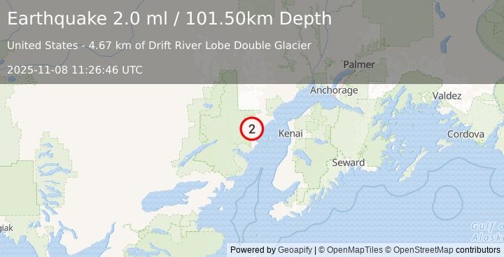 Earthquake 62 km W of Salamatof, Alaska (2.0 ml) (2025-11-08 11:26:46 UTC)