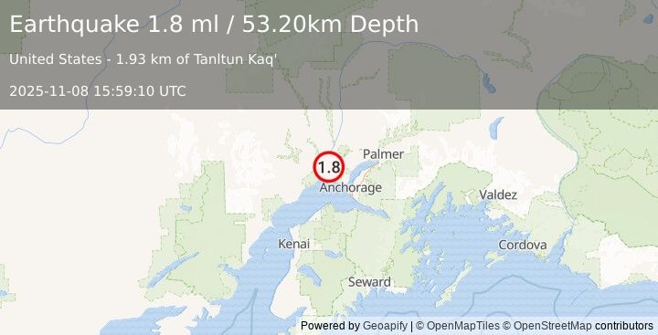 Earthquake 12 km SSE of Susitna, Alaska (1.8 ml) (2025-11-08 15:59:10 UTC)