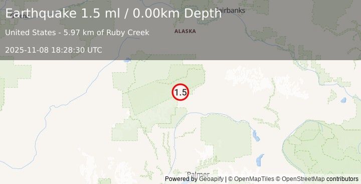 Earthquake 48 km WSW of Cantwell, Alaska (1.5 ml) (2025-11-08 18:28:30 UTC)