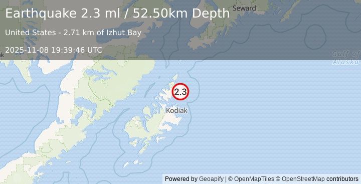 Earthquake 36 km NNE of Ouzinkie, Alaska (2.3 ml) (2025-11-08 19:39:46 UTC)