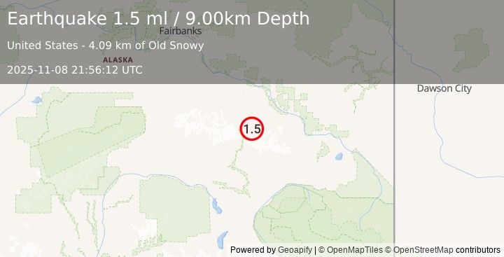 Earthquake 43 km WSW of Dry Creek, Alaska (1.5 ml) (2025-11-08 21:56:12 UTC)