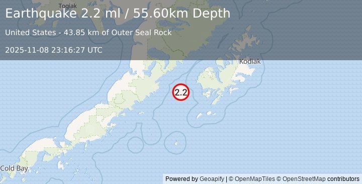Earthquake 76 km W of Akhiok, Alaska (2.2 ml) (2025-11-08 23:16:27 UTC)