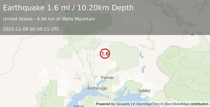 Earthquake 47 km SSW of Cantwell, Alaska (1.6 ml) (2025-11-09 00:30:05 UTC)