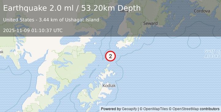 Earthquake 55 km SSW of Nanwalek, Alaska (2.0 ml) (2025-11-09 01:10:37 UTC)