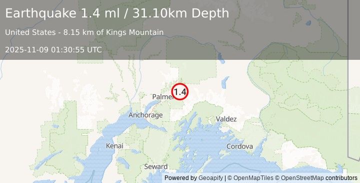 Earthquake 10 km SSE of Chickaloon, Alaska (1.4 ml) (2025-11-09 01:30:55 UTC)