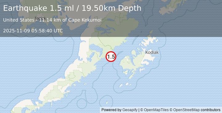 Earthquake 52 km W of Karluk, Alaska (1.5 ml) (2025-11-09 05:58:40 UTC)
