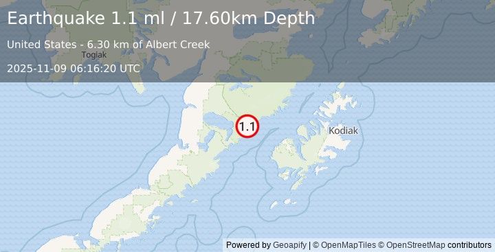 Earthquake 68 km WNW of Karluk, Alaska (1.1 ml) (2025-11-09 06:16:20 UTC)