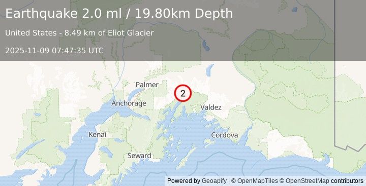 Earthquake 43 km S of Glacier View, Alaska (2.0 ml) (2025-11-09 07:47:35 UTC)