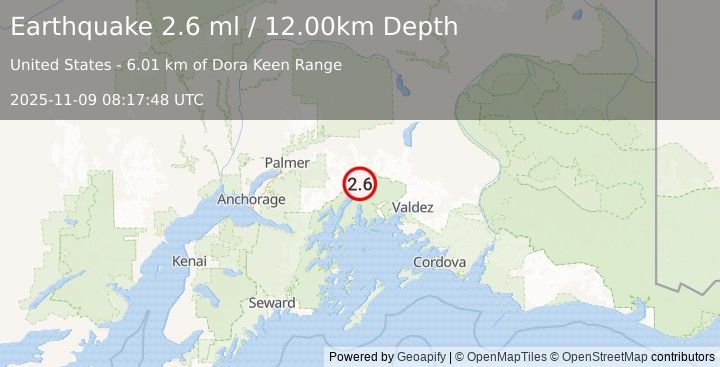 Earthquake 48 km S of Glacier View, Alaska (2.6 ml) (2025-11-09 08:17:48 UTC)