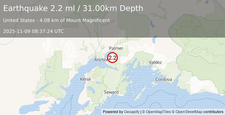 Earthquake 11 km ESE of Eagle River, Alaska (2.2 ml) (2025-11-09 08:37:24 UTC)