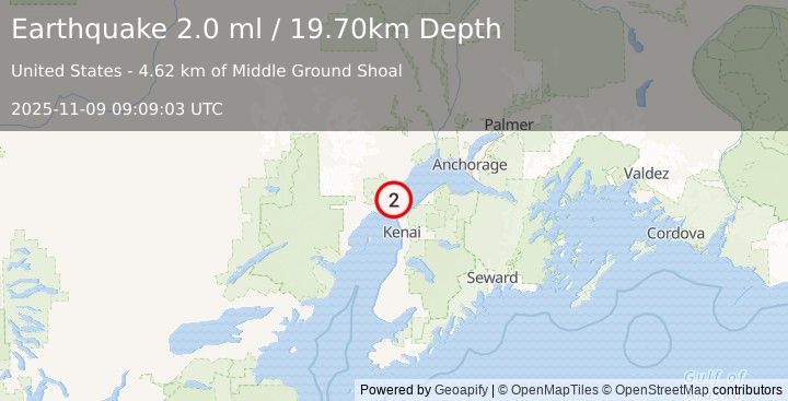 Earthquake 20 km NNW of Nikiski, Alaska (2.0 ml) (2025-11-09 09:09:03 UTC)