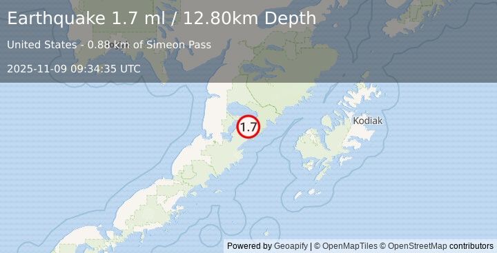 Earthquake 74 km ENE of Ugashik, Alaska (1.7 ml) (2025-11-09 09:34:35 UTC)