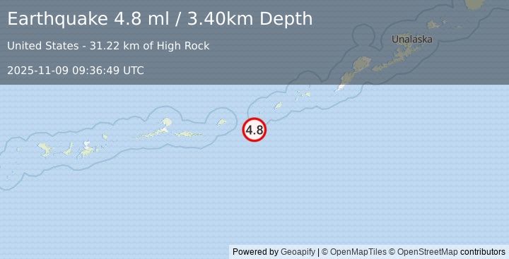 Earthquake 189 km E of Atka, Alaska (4.8 ml) (2025-11-09 09:36:49 UTC)