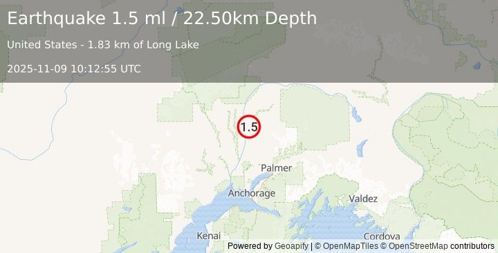 Earthquake 9 km NW of Susitna North, Alaska (1.5 ml) (2025-11-09 10:12:55 UTC)