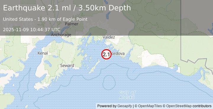 Earthquake 41 km SSE of Tatitlek, Alaska (2.1 ml) (2025-11-09 10:44:37 UTC)