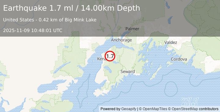 Earthquake 12 km NNE of Sterling, Alaska (1.7 ml) (2025-11-09 10:48:01 UTC)