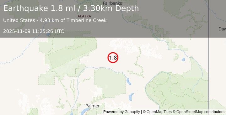 Earthquake 68 km ESE of Cantwell, Alaska (1.8 ml) (2025-11-09 11:25:26 UTC)