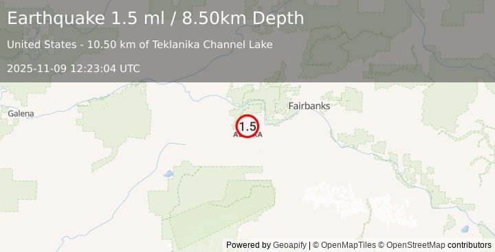 Earthquake 27 km W of Four Mile Road, Alaska (1.5 ml) (2025-11-09 12:23:04 UTC)