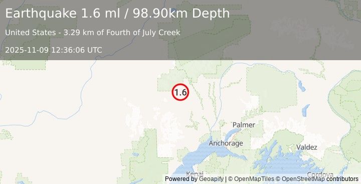 Earthquake 40 km NW of Skwentna, Alaska (1.6 ml) (2025-11-09 12:36:06 UTC)
