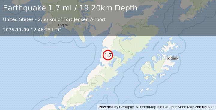 Earthquake 38 km SSE of Egegik, Alaska (1.7 ml) (2025-11-09 12:46:25 UTC)