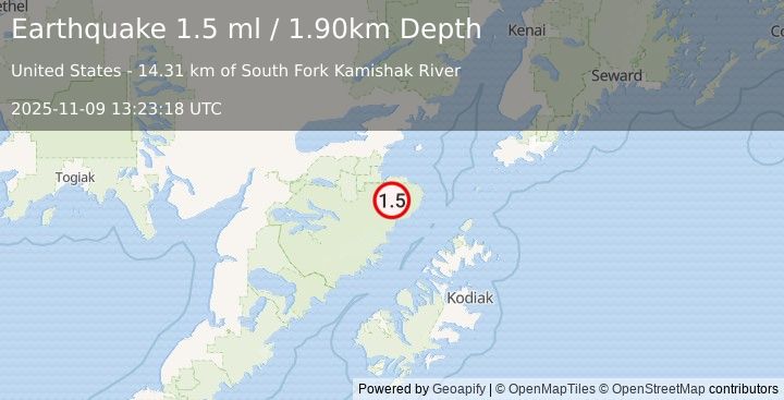 Earthquake 82 km SSE of Kokhanok, Alaska (1.9 ml) (2025-11-09 13:23:19 UTC)