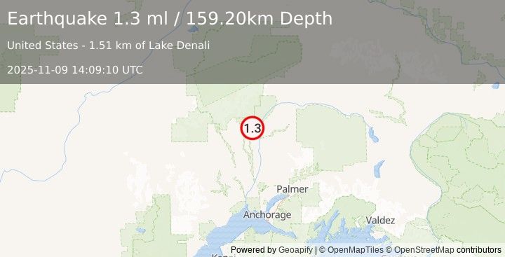 Earthquake 13 km WNW of Chase, Alaska (1.3 ml) (2025-11-09 14:09:10 UTC)