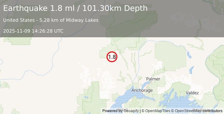Earthquake 49 km NW of Skwentna, Alaska (1.8 ml) (2025-11-09 14:26:28 UTC)