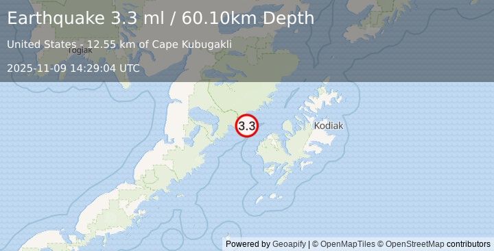 Earthquake 41 km NW of Karluk, Alaska (3.3 ml) (2025-11-09 14:29:04 UTC)