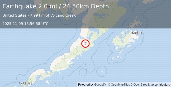Earthquake 32 km SSE of Ugashik, Alaska (2.0 ml) (2025-11-09 15:56:58 UTC)