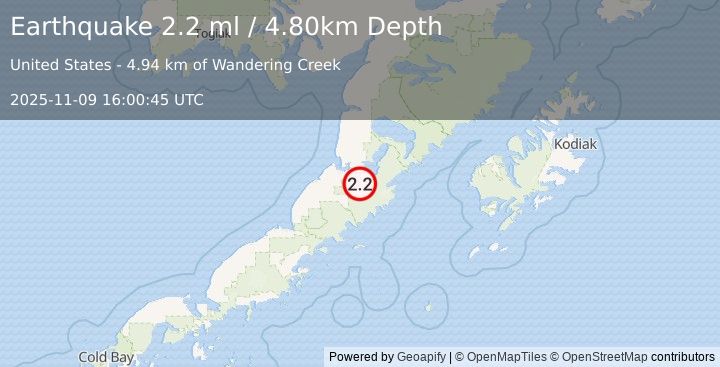 Earthquake 26 km SE of Ugashik, Alaska (2.2 ml) (2025-11-09 16:00:45 UTC)