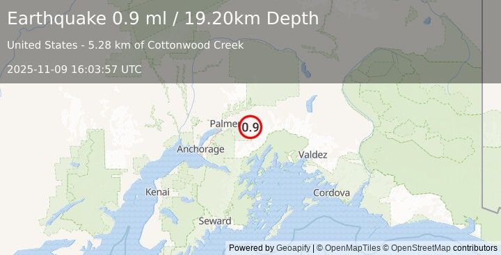 Earthquake 29 km SSE of Chickaloon, Alaska (0.9 ml) (2025-11-09 16:03:57 UTC)
