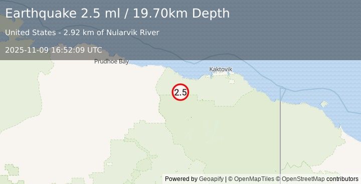 Earthquake 77 km WSW of Kaktovik, Alaska (2.5 ml) (2025-11-09 16:52:09 UTC)