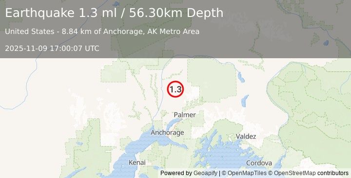 Earthquake 16 km E of Susitna North, Alaska (1.3 ml) (2025-11-09 17:00:07 UTC)