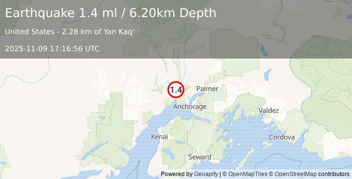 Earthquake 3 km N of Susitna, Alaska (1.4 ml) (2025-11-09 17:16:56 UTC)