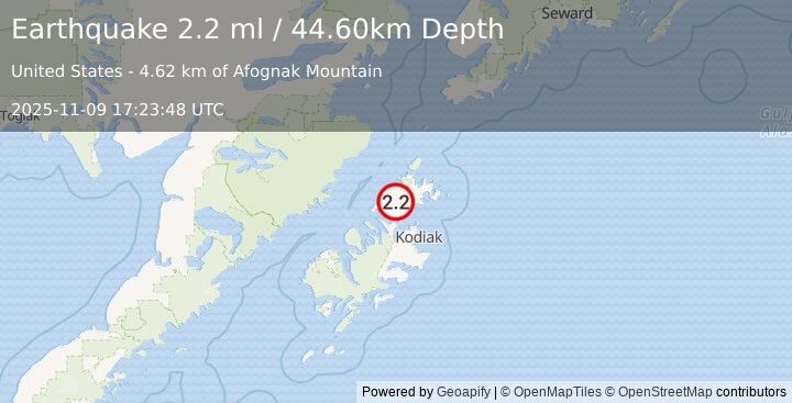 Earthquake 9 km NE of Aleneva, Alaska (2.4 ml) (2025-11-09 17:23:47 UTC)
