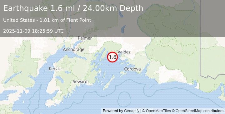 Earthquake 27 km WNW of Tatitlek, Alaska (1.6 ml) (2025-11-09 18:25:59 UTC)