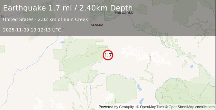 Earthquake 9 km NNE of Cantwell, Alaska (1.7 ml) (2025-11-09 19:12:13 UTC)