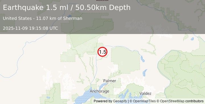 Earthquake 31 km NE of Chase, Alaska (1.5 ml) (2025-11-09 19:15:08 UTC)