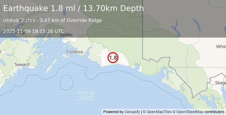 Earthquake 117 km S of McCarthy, Alaska (1.9 ml) (2025-11-09 19:15:27 UTC)