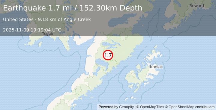 Earthquake 64 km SE of King Salmon, Alaska (1.7 ml) (2025-11-09 19:19:04 UTC)