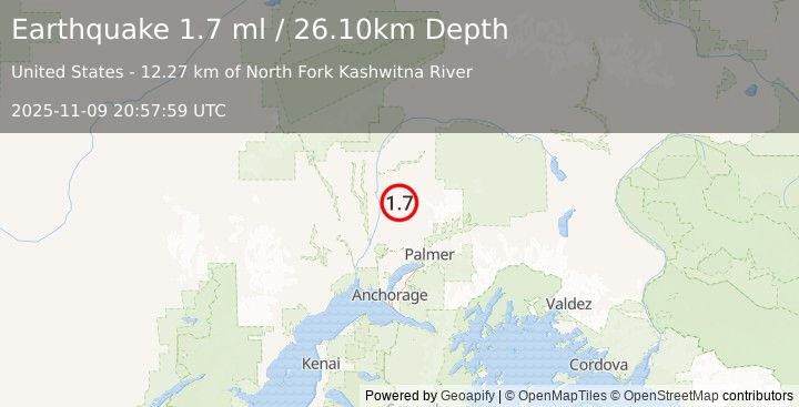 Earthquake 12 km SE of Susitna North, Alaska (1.7 ml) (2025-11-09 20:57:59 UTC)