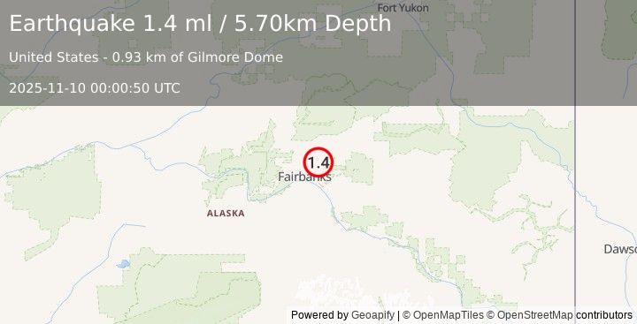 Earthquake 12 km ENE of Fox, Alaska (1.4 ml) (2025-11-10 00:00:50 UTC)
