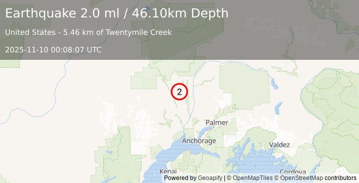 Earthquake 28 km WSW of Trapper Creek, Alaska (2.0 ml) (2025-11-10 00:08:07 UTC)