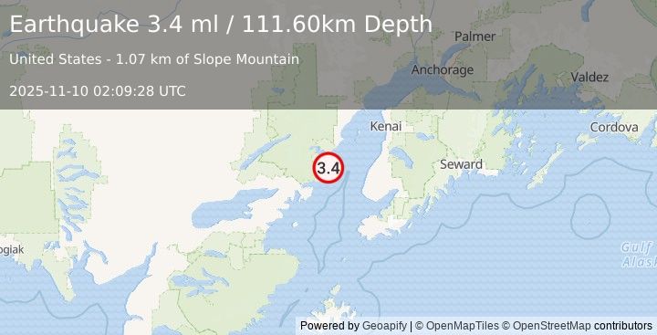 Earthquake 53 km WNW of Happy Valley, Alaska (3.4 ml) (2025-11-10 02:09:29 UTC)