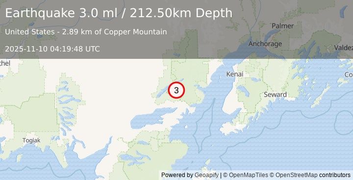 Earthquake 24 km E of Port Alsworth, Alaska (3.0 ml) (2025-11-10 04:19:48 UTC)