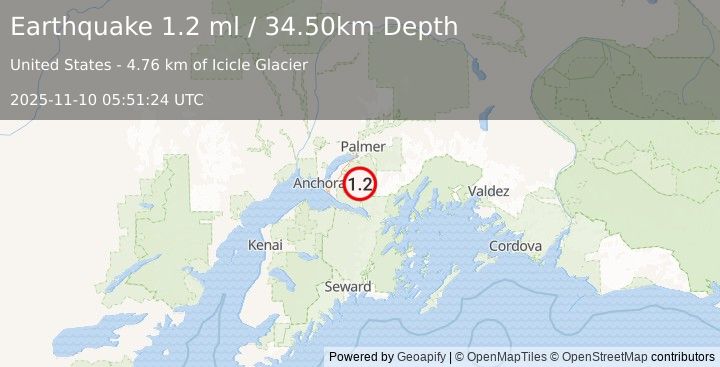 Earthquake 24 km ESE of Eagle River, Alaska (1.2 ml) (2025-11-10 05:51:24 UTC)