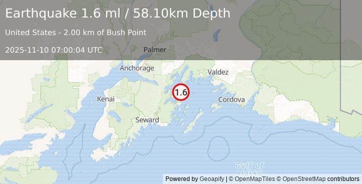 Earthquake 39 km ESE of Whittier, Alaska (1.6 ml) (2025-11-10 07:00:04 UTC)