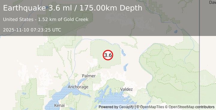 Earthquake 49 km NW of Eureka Roadhouse, Alaska (3.6 ml) (2025-11-10 07:23:27 UTC)