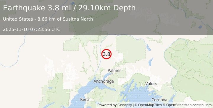 Earthquake 8 km E of Susitna North, Alaska (3.8 ml) (2025-11-10 07:23:56 UTC)